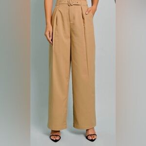 Camel Belted High Waist Wide Dressy Pants